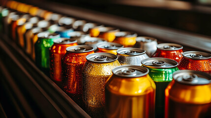 Colorful beverage cans on conveyor belt production and manufacturing