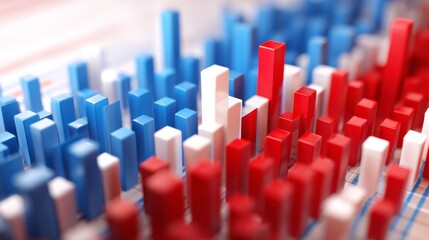 Fototapeta premium Close-up of red and blue bar chart representing political polling data, election results or voting statistics. Political analysis, democratic process and public opinion research concept.