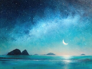 Serene nightscape featuring a crescent moon, star-studded sky, and tranquil ocean reflecting the celestial light over a low-lying island silhouette