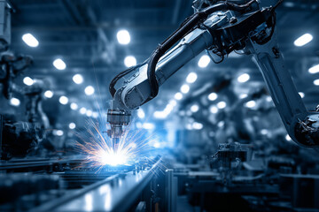 A robotic arm performing precision welding in a high-tech, automated factory