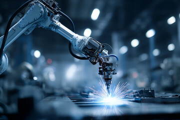 A robotic arm performing precision welding in a high-tech, automated factory