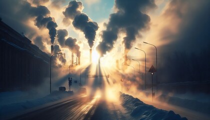 Steam rising from manholes creating ethereal vapor clouds agains