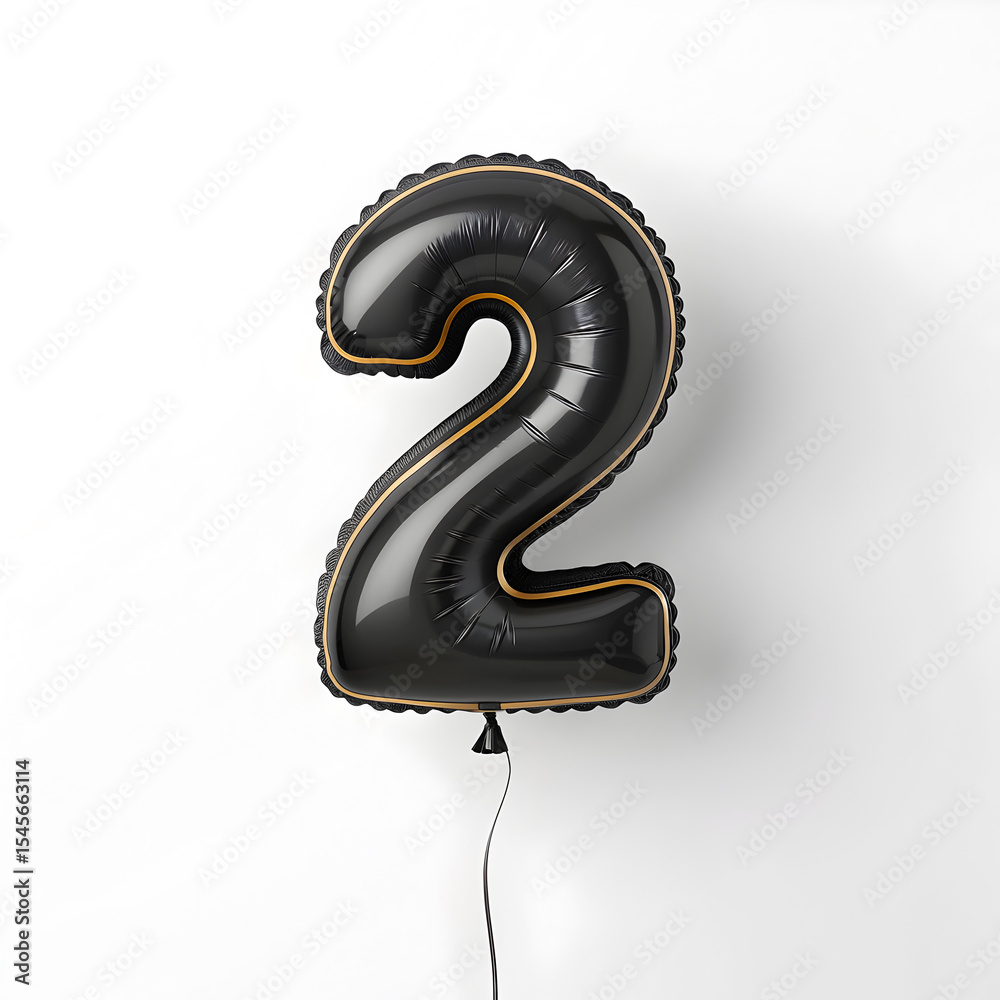 Fototapete a balloon shaped like the number 2,matte black metallic finish with realistic reflections and smooth