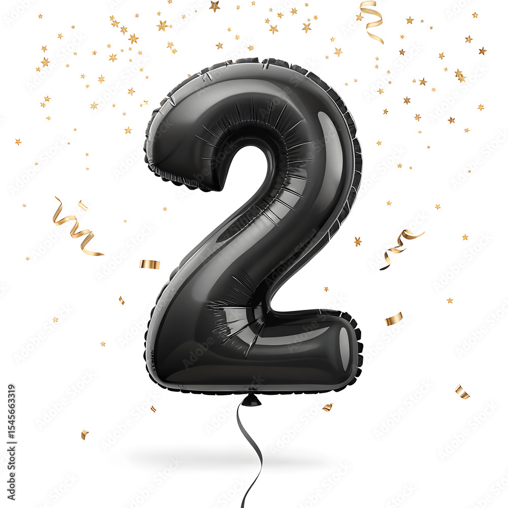 Fototapete a balloon shaped like the number 2,matte black metallic finish with realistic reflections and smooth