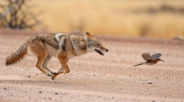 A coyote chases a roadrunner in the desert