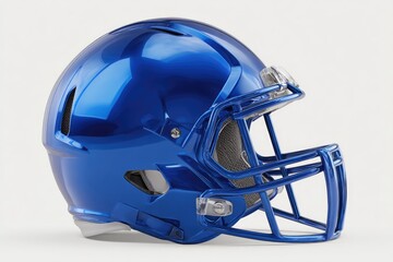 Fototapeta premium Shiny blue football helmet, side view, metallic finish, modern design, on a neutral background