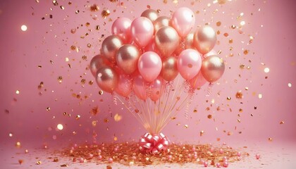 Pink Balloons with Gold Confetti Rain