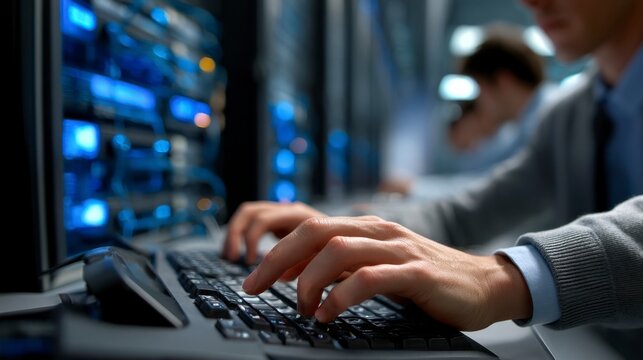 Network Administrator Typing on Keyboard in Server Room Environment