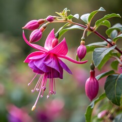 Obraz premium A vibrant pink fuchsia flower with multiple buds and leaves, set against a blurred green background.