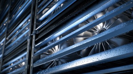 Close-Up of Cooling System Vents in Data Center with Water Drops
