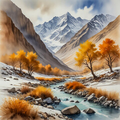Ethereal watercolor of the Lahaul Valley in the Indian Himalayas, where golden poplars and rust-colored shrubs glow against barren cliffs and snow-kissed peaks.