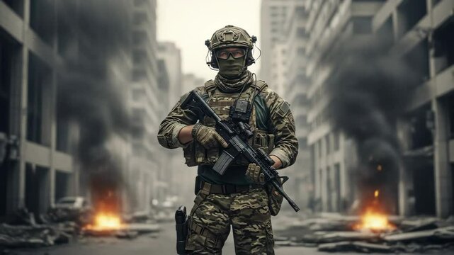 Soldier ready in modern war zone