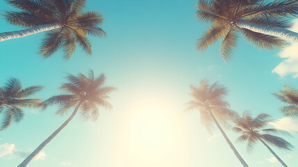 Vibrant palm trees under sunny blue sky summer vacation paradise