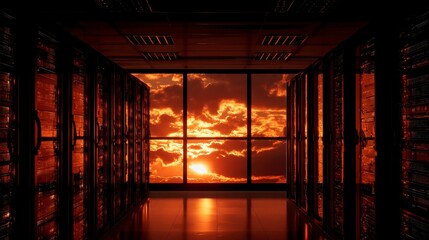 Dramatic Sunset Behind Silhouetted Server Hardware in Data Center