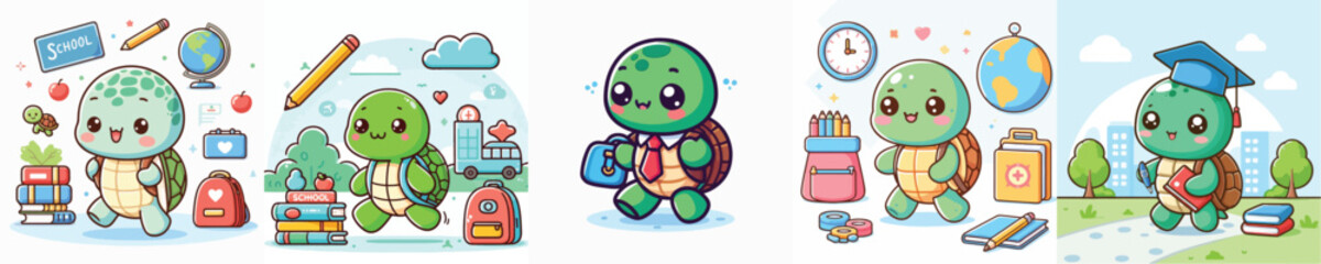 cute turtle vector going to school