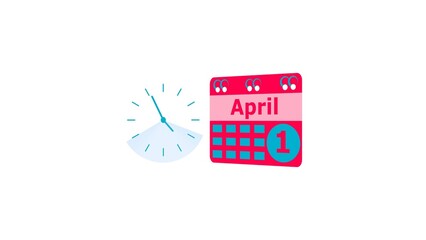 April month 1 date calendar icon  and  magenta red color clock 4k illustration. Digital calendar month concept design on White background.