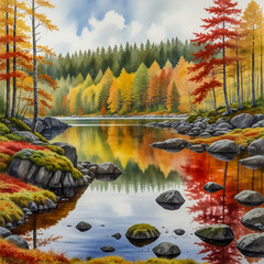 Serene watercolor of the Tiveden National Park in Sweden during fall, with a forest of red and yellow leaves surrounding a mossy boulder field and silent, glassy lake.