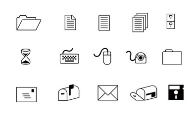 Collection of computer and office icons isolated on white background