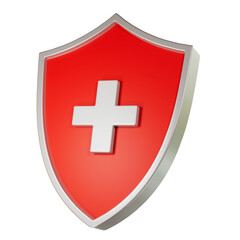 Healthcare medical Shield with Cross on transparent background. Red and metal shield.