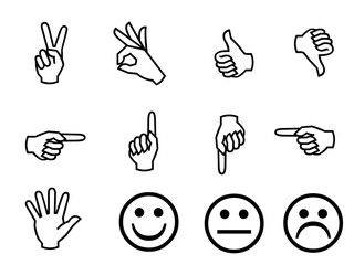 Hand gestures and emoticons on white background