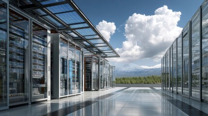 Wide Angle View of Solar Panels Overlooking a Modern Data Center