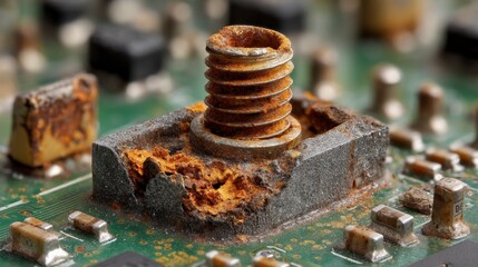 Macro Photography of a Corroded Connection Point on a Circuit Board