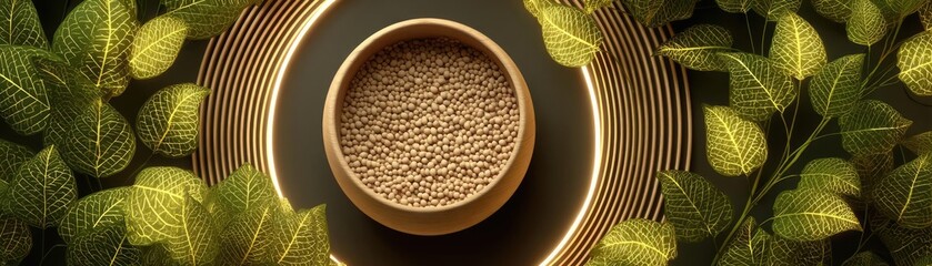 Fototapeta premium Uric acid control diet for joints cleansing and control concept. A herbal bowl surrounded by fresh green leaves and natural light.