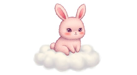 Obraz premium ふわふわ雲の上ピンクの兎 優しい光に包まれて穏やか. AI Generated
