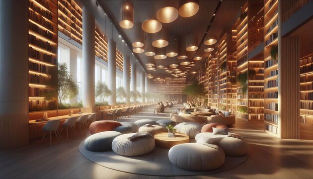 Library Lounge with Cozy Reading Nooks &ndash; Soft lighting and aco