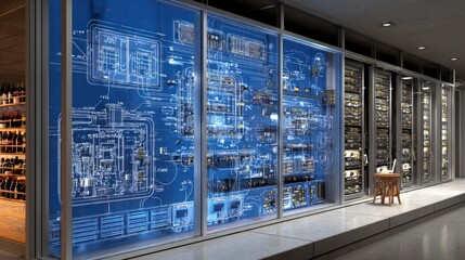 Obraz premium Technical Diagram Projected onto Glass Wall in Modern Workspace