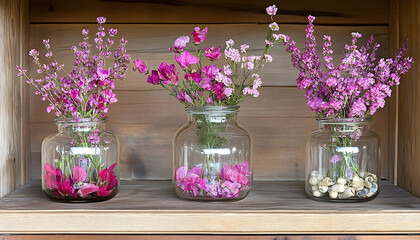 Pink flowers in glass jars on wooden shelf