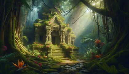 Jungle Temple Overgrown with Vines An ancient temple hidden deep
