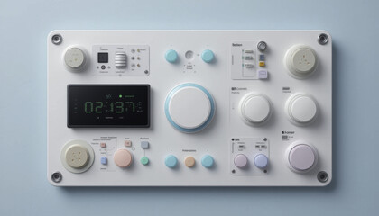 modern control panel with various buttons, dials, and digital display is mounted on light blue wall. design is sleek and minimalist, featuring pastel colors and futuristic aesthetic