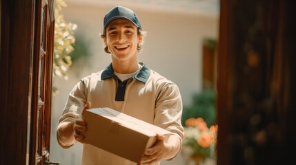 Delivery person smiling with package at doorstep residential area photography warm atmosphere close-up customer service