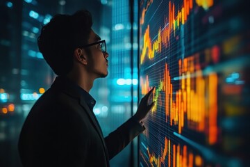 Modern Executive Analyzing Data in High-Rise Office during Night with City Lights Background