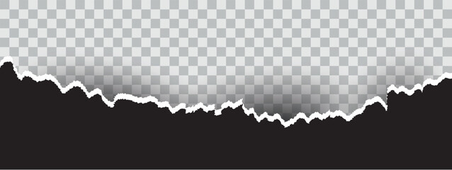 Torn, ripped pieces of horizontal black paper with soft shadow are on grey square background for text. Abstract realistic ornament or decoration clip art for social media banner background. eps 10