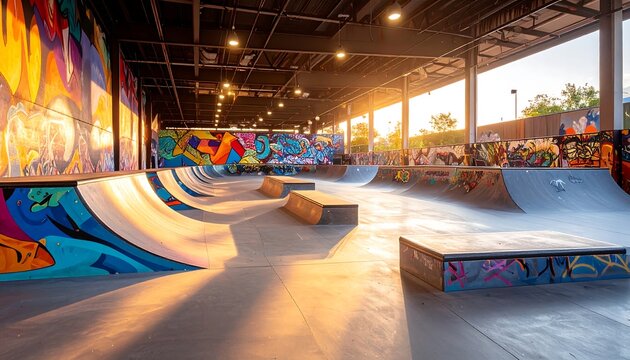 Urban skatepark full of bright street art bathed in golden sunset light