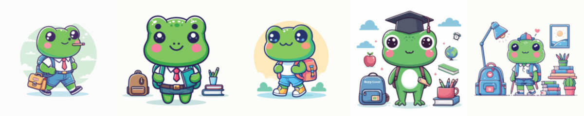 cute frog vector going to school