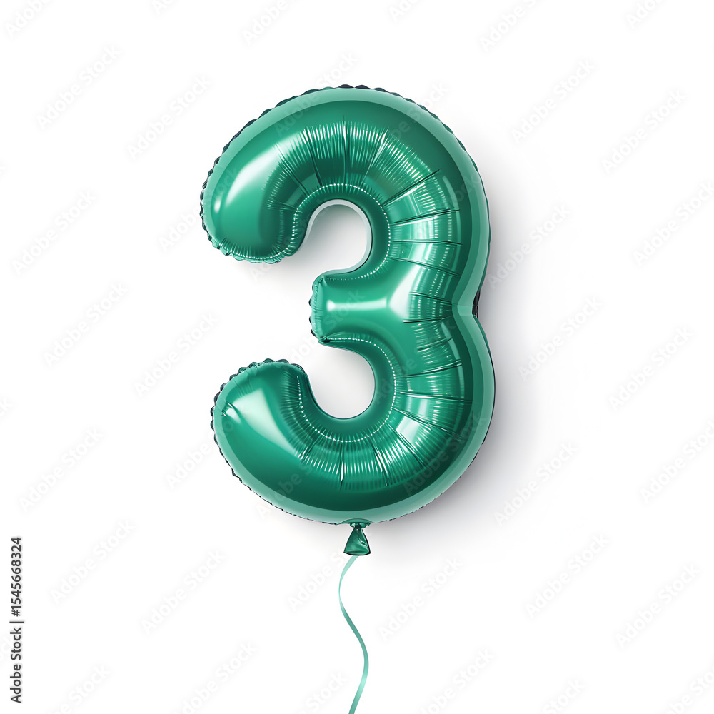 Fototapete a balloon shaped like the number 3,emerald green metallic finish with realistic reflections and smoo