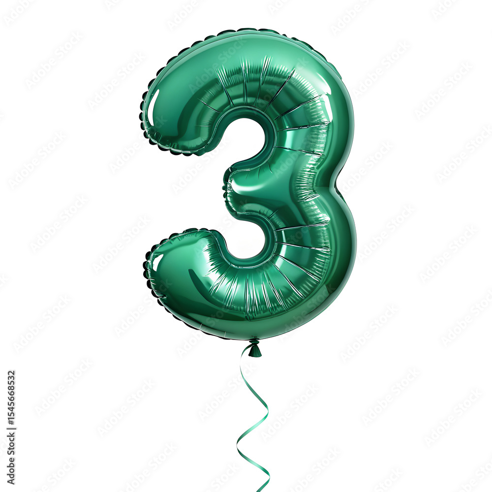 Fototapete a balloon shaped like the number 3,emerald green metallic finish with realistic reflections and smoo