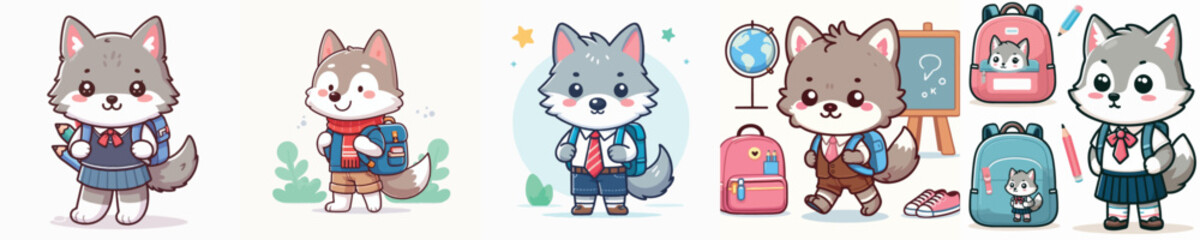 cute wolf vector going to school