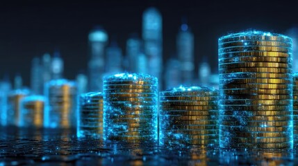 Passive income after retirement healthcare and emergency plan concept. Digital coins representing economic growth in a futuristic cityscape.