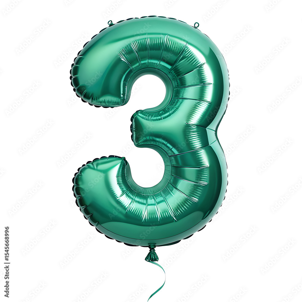 Fototapete a balloon shaped like the number 3,emerald green metallic finish with realistic reflections and smoo