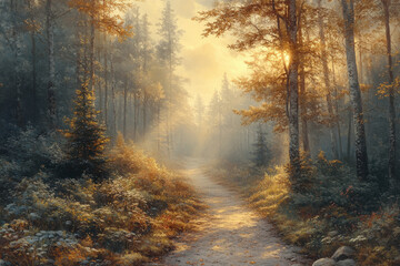 Fototapeta premium Path winding through lush forest in painting.