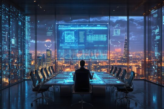 Professional Consultant Presenting Tax Law Updates in a Futuristic Conference Room with City View