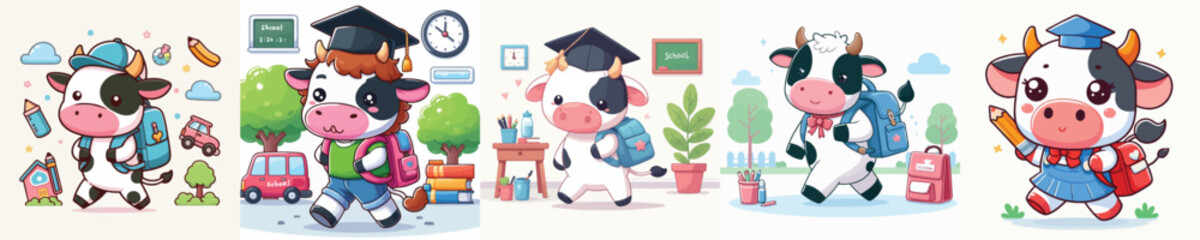cute cow vector going to school