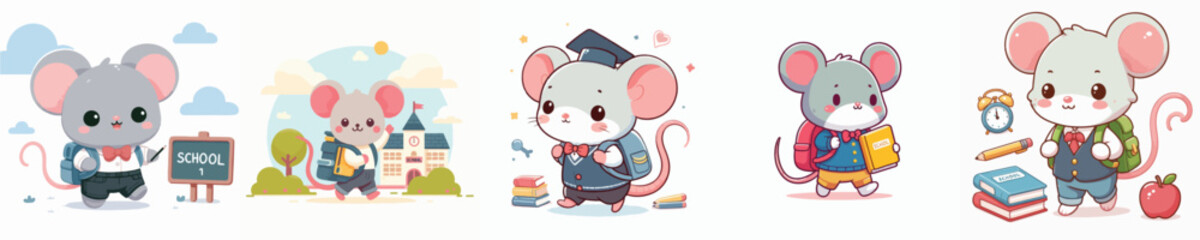 cute mouse vector going to school