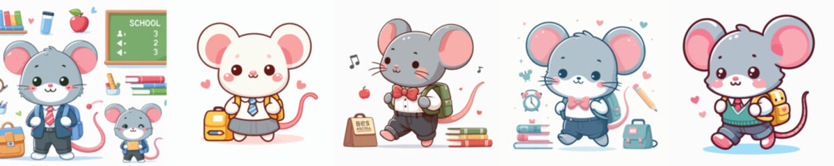 cute mouse vector going to school