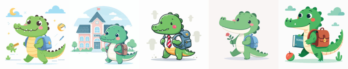 cute crocodile vector going to school