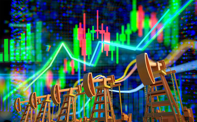 Oil price rising concept with crude oil pump on stock market chart